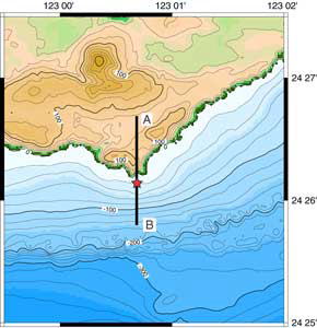 新川鼻付近の地形図。海底遺跡付近。
